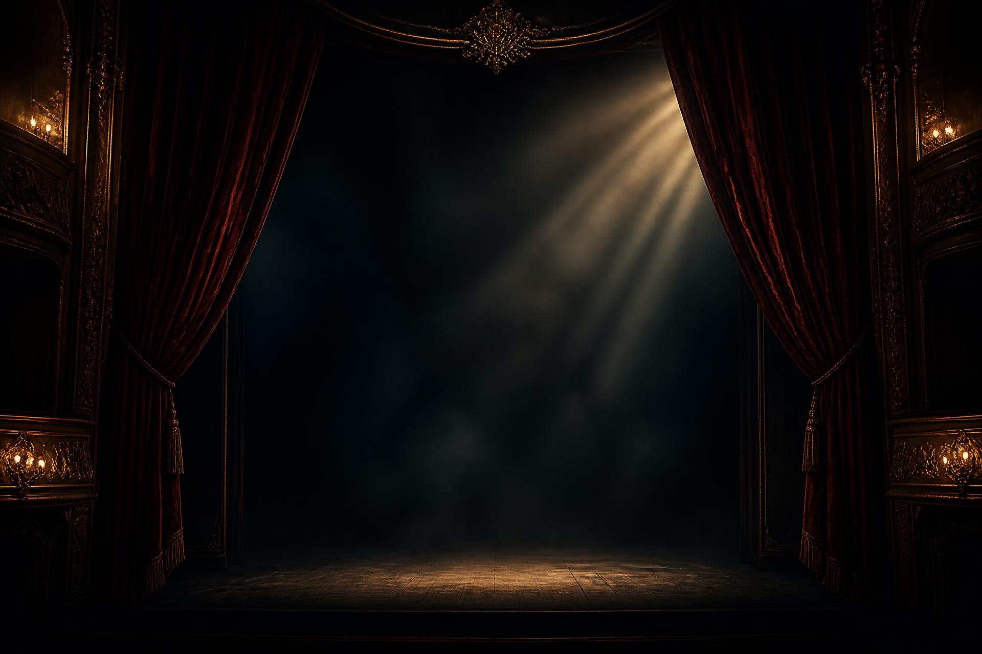 Empty theater stage lit by a single spotlight — Now Casting Fall 2026 Rush
